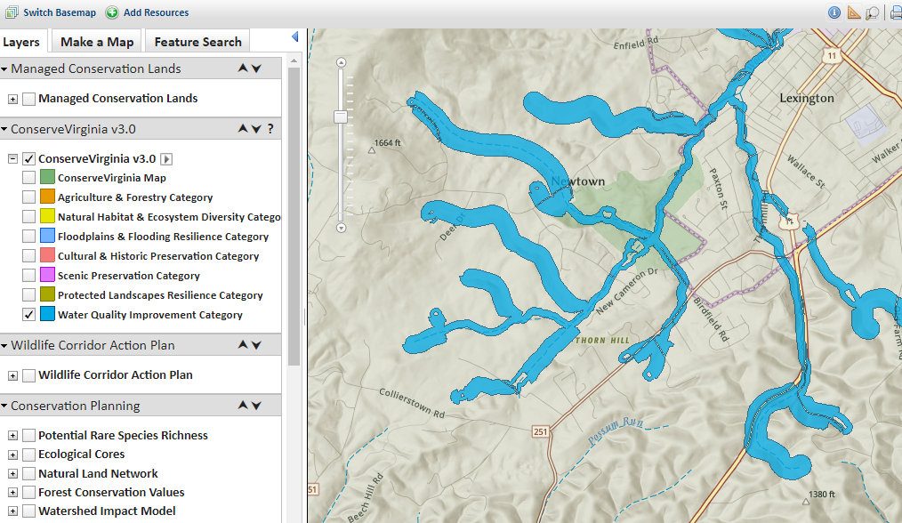 map of stream buffers from VA natural heritage